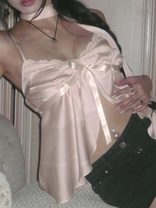 Patchwork Lace-Up Bow Cami Top Product Image