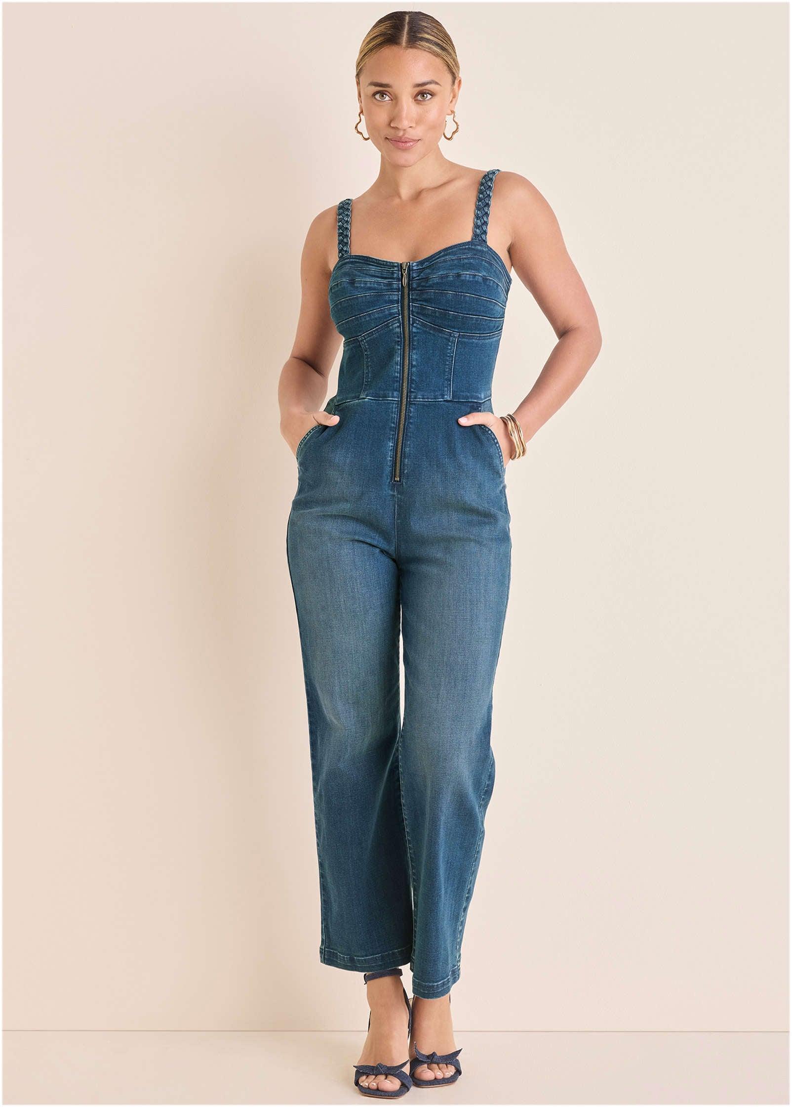 Braided Strap Denim Jumpsuit - Medium Wash Product Image