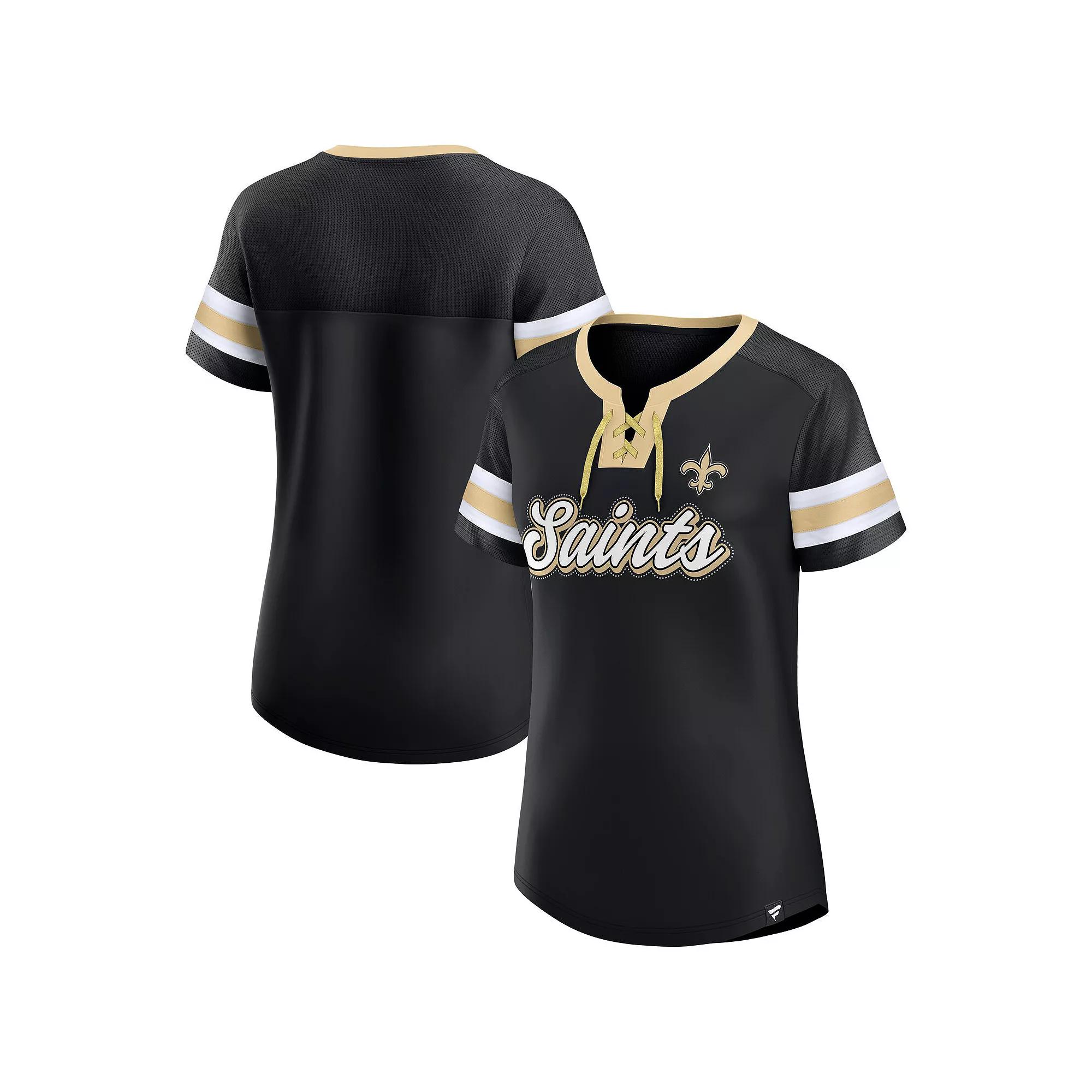 Women's Fanatics  Black New Orleans Saints True Catch Iconic Rhinestone Bling Athena Lace-Up T-Shirt, Size: 2XL Product Image