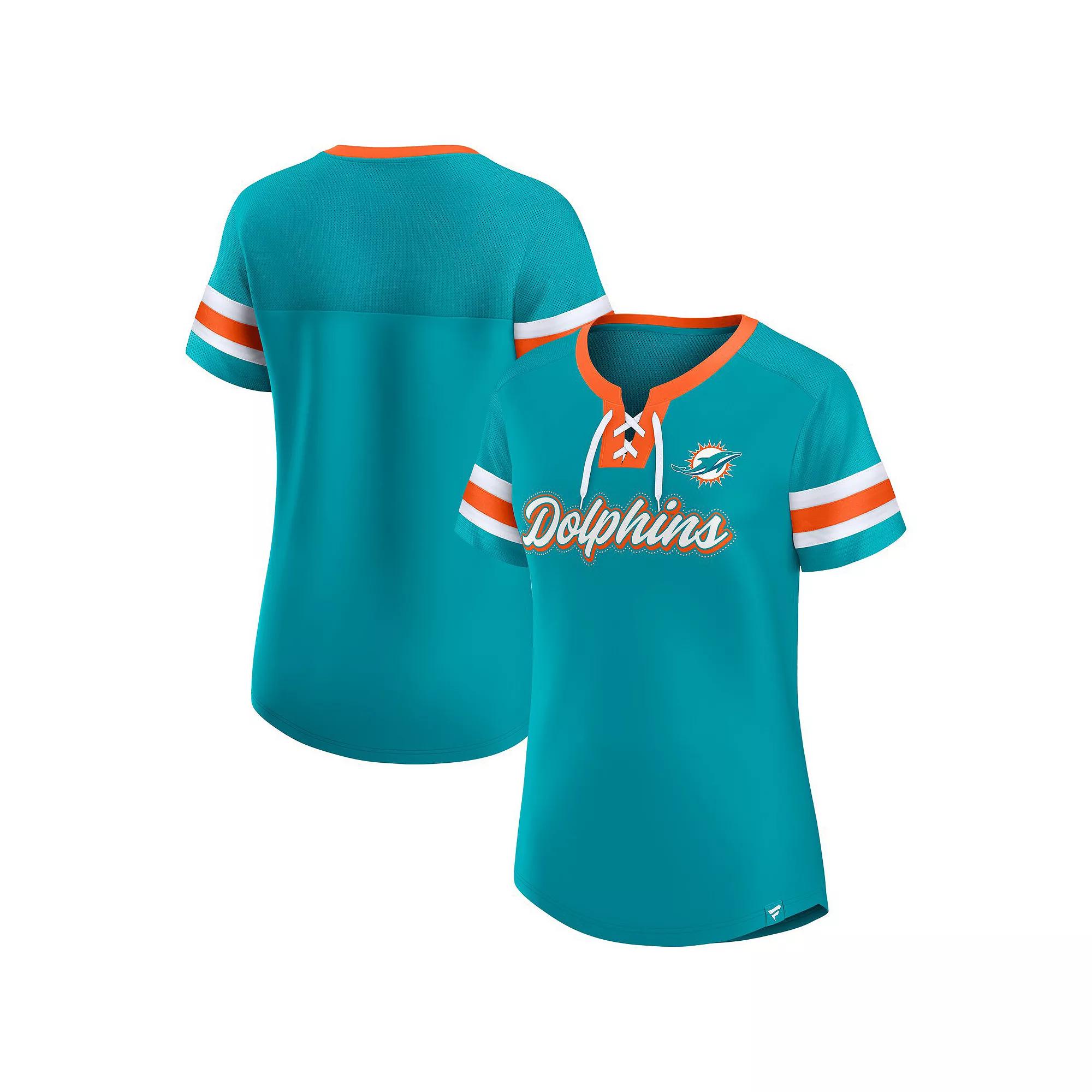 Women's Fanatics  Aqua Miami Dolphins True Catch Iconic Rhinestone Bling Athena Lace-Up T-Shirt, Size: XS, Turquoise A Product Image