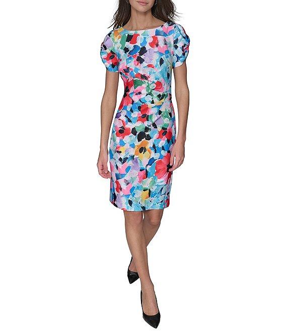 KARL LAGERFELD PARIS Scuba Floral Print Crew Neck Short Sleeve Sheath Dress Product Image