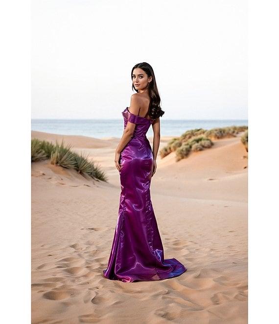 Terani Couture One Off-The-Shoulder Shimmer Sheath Gown Product Image