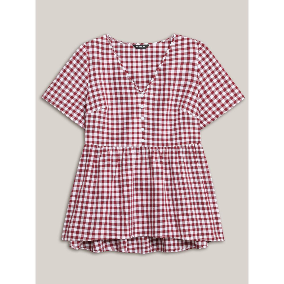 Plus Size Crimson Plaid Hi-Low Hem Button Shirt Women Casual Short sleeve V-neck Everyday Blouses BloomChic 22-24/3X Product Image