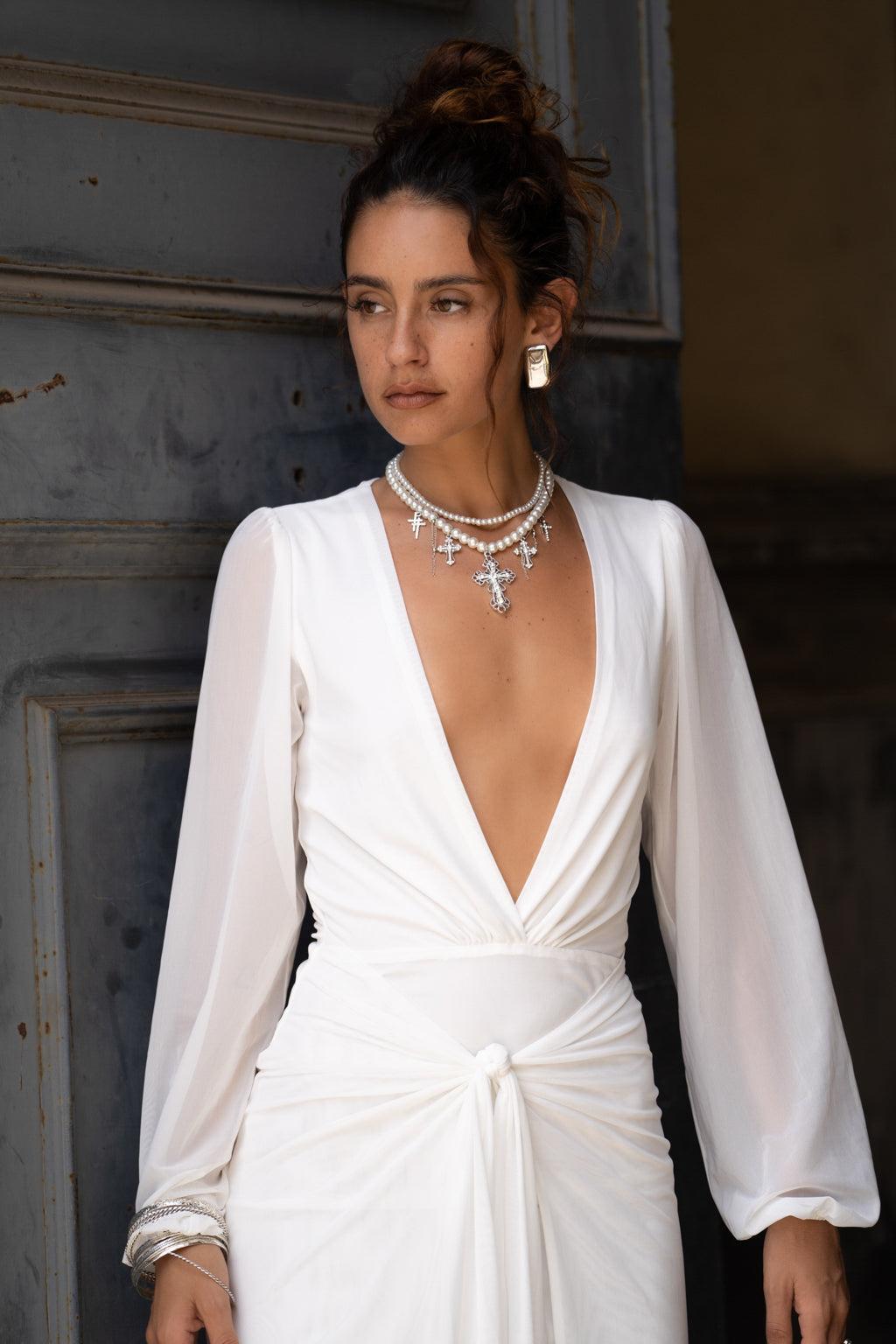 Bella White Mesh Plunge Maxi Dress Product Image