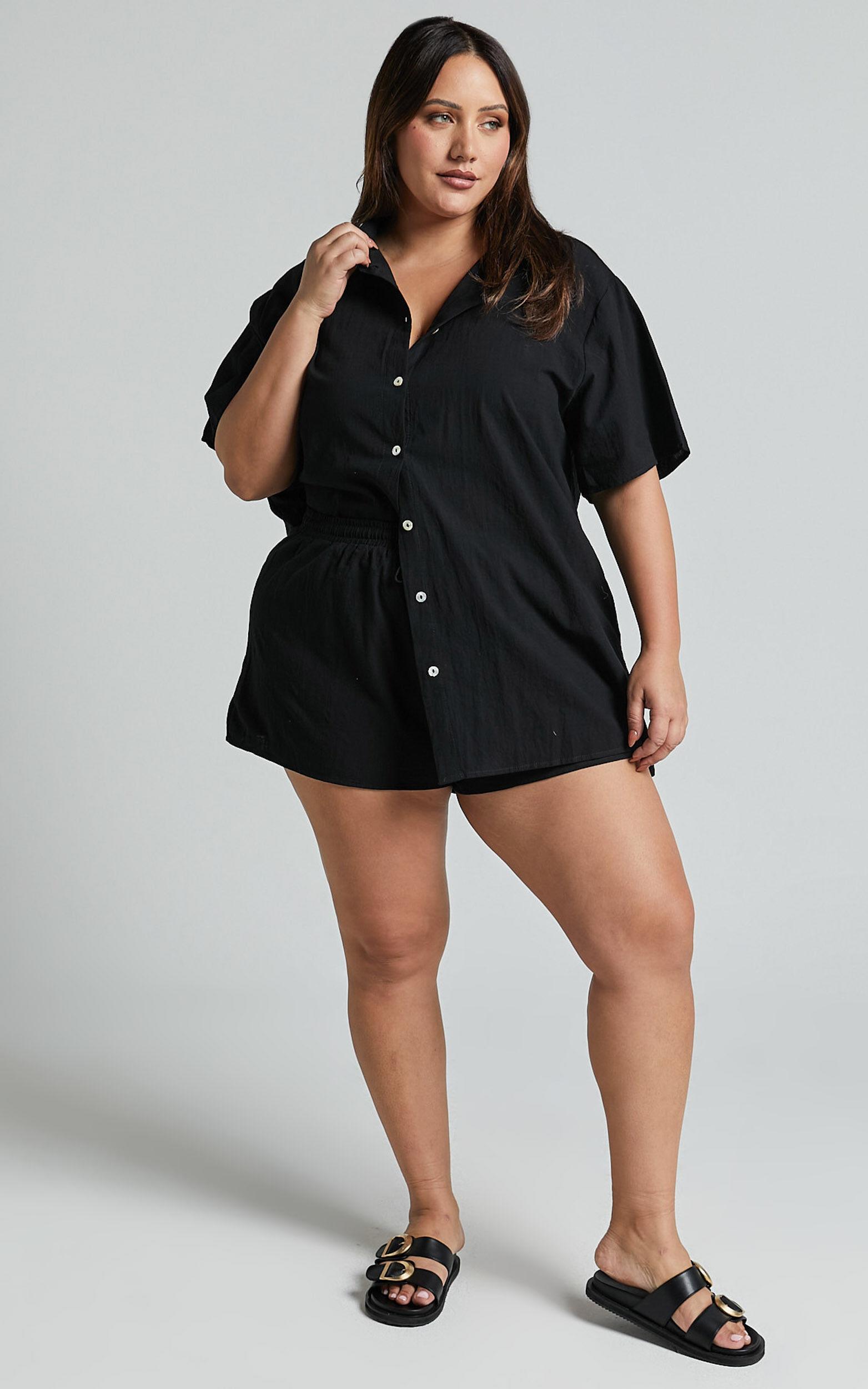 Vina Del Mar Two Piece Set - Linen Look Shirt and Shorts Set in Black Product Image