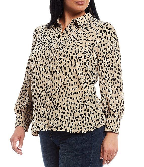 Vince Camuto Plus Size Point Collar Long Sleeve Leopard Print Button Down Blouse Product Image
