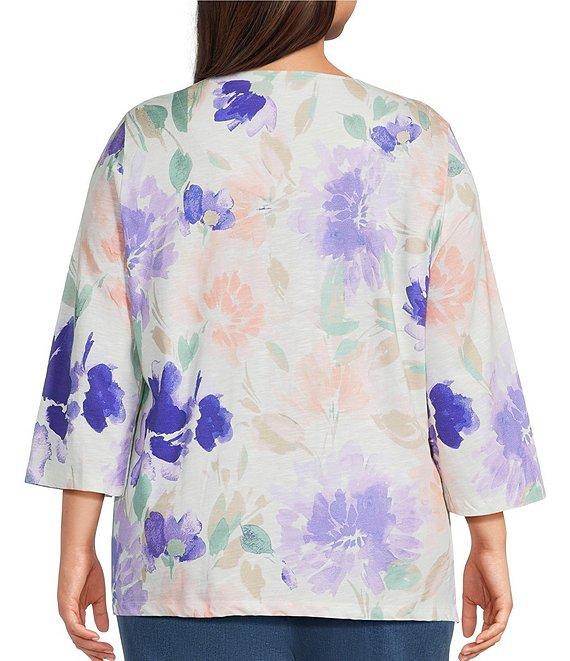 Allison Daley Plus Size Floral Print 3/4 Sleeve V-Neck Beaded Applique Knit Top Product Image
