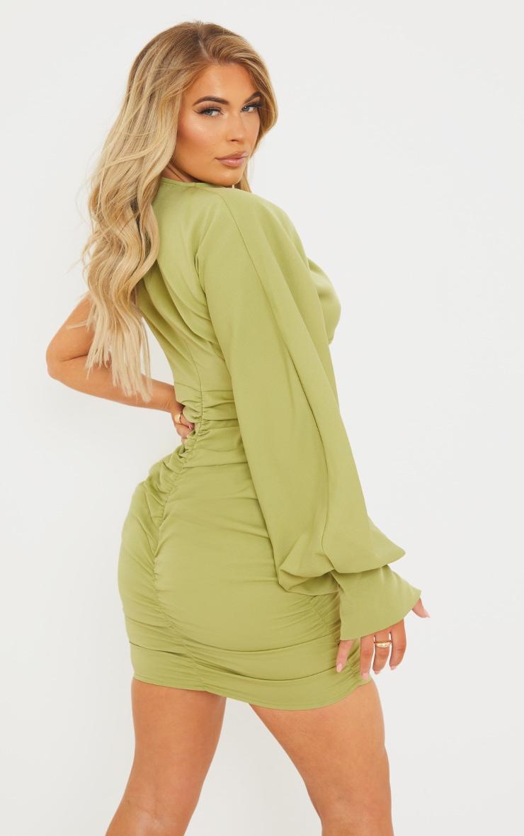 Sage Green One Sleeve Ruched Woven Bodycon Dress Product Image