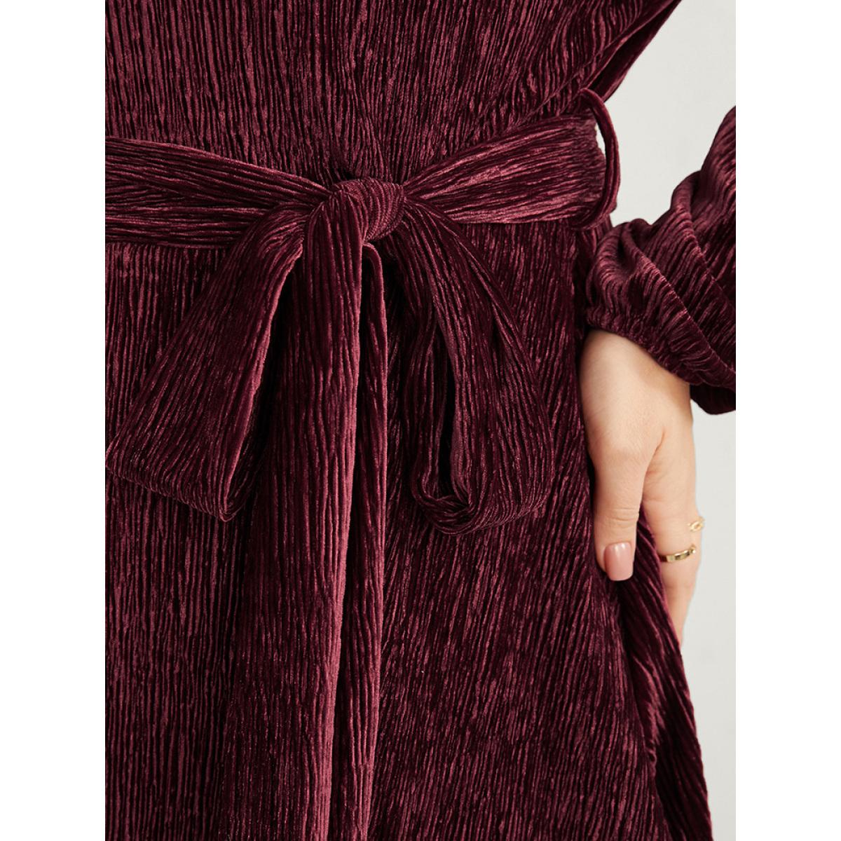 Plus Size Burgundy Glitter Textured Lantern Sleeve Belted Ruffle Blouse Women Party Long Sleeve V-neck Going out Blouses BloomChic 14-16/1X Product Image