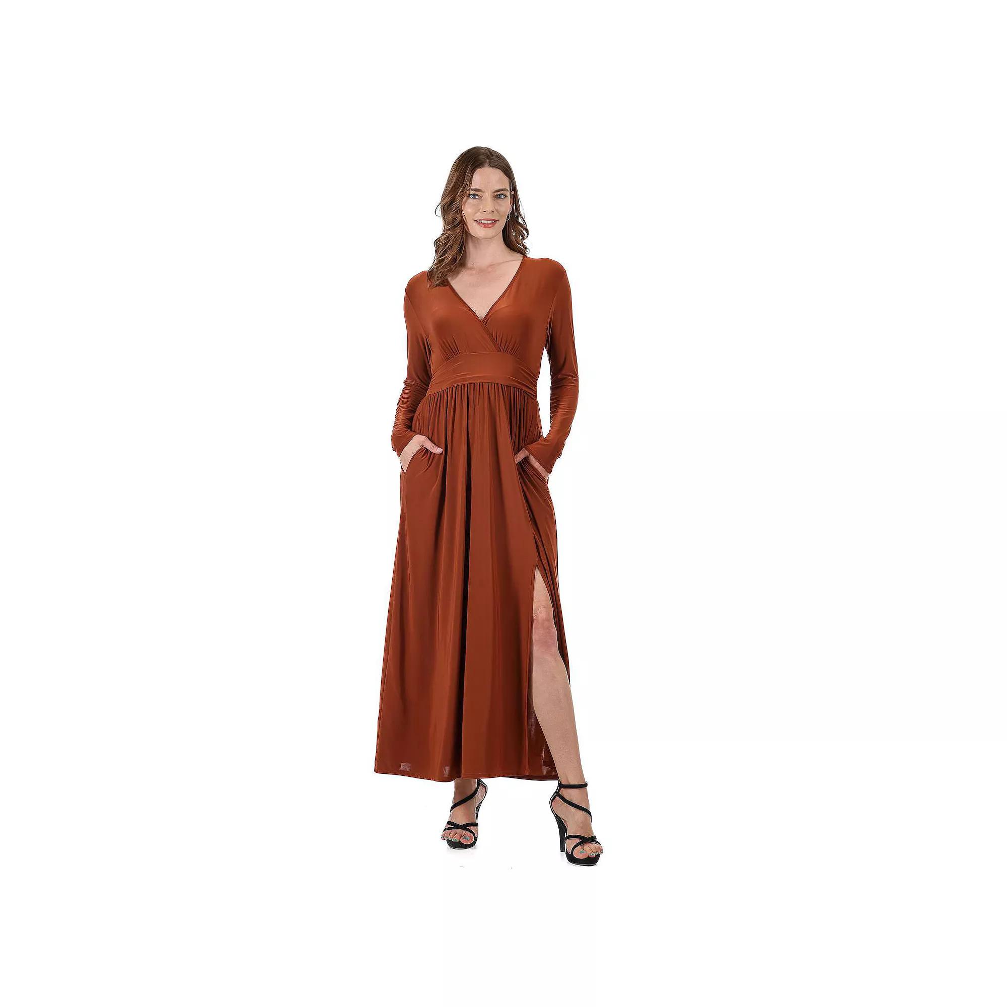 Women's 24Seven Comfort Apparel Long Sleeve V-Neck Side Slit Maxi Dress,  Product Image