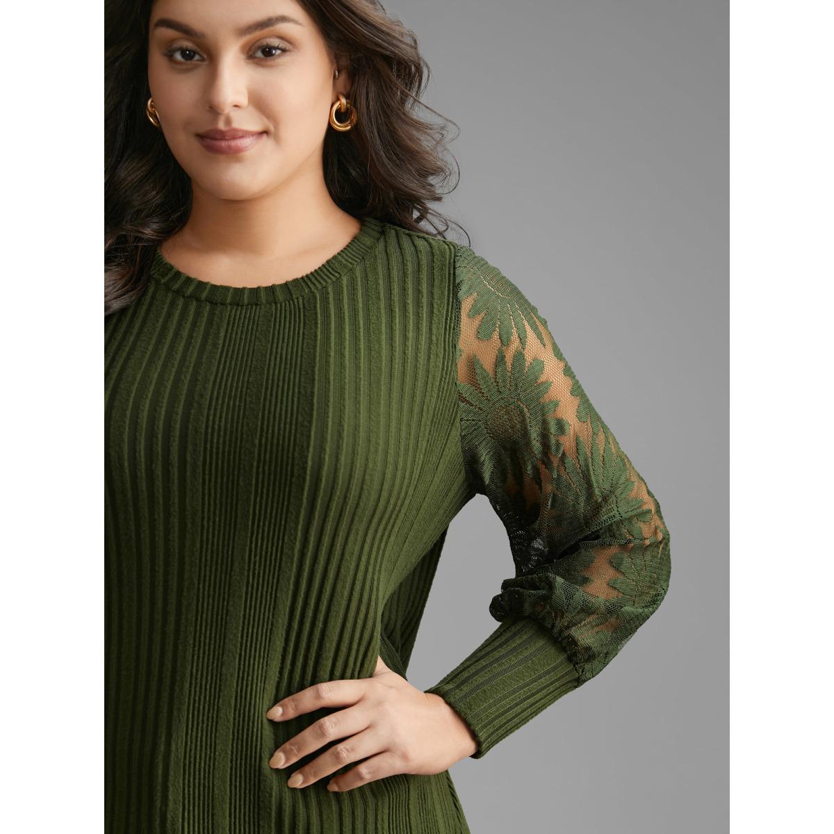 Plus Size Texture Lace Patchwork Mesh T-shirt DarkGreen Women Elegant Texture Round Neck Everyday T-shirts BloomChic 12/L Product Image