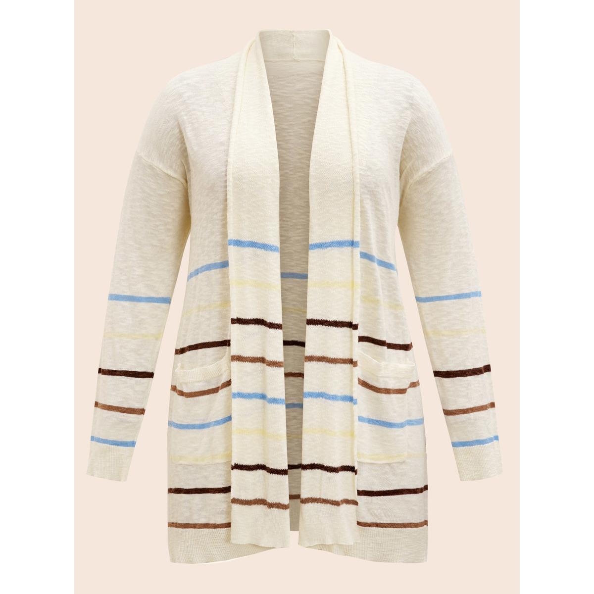 Plus Size Contrast Striped Pocket Open Front Cardigan Beige Women Casual Loose Three Quater Length Sleeve Everyday Cardigans BloomChic 14-16/1X Product Image