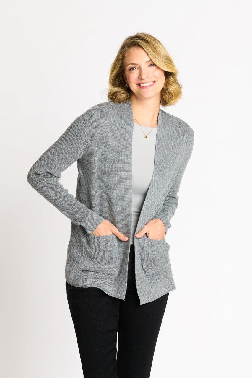 Waffle Stitch Cardigan Sweater with Pocket, Medium Grey Heather Product Image