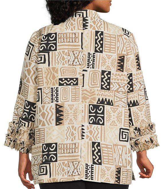 Multiples Plus Size Textured Bark Cloth Patchwork Print Banded Collar 3/4 Sleeve Button Front Jacket Product Image