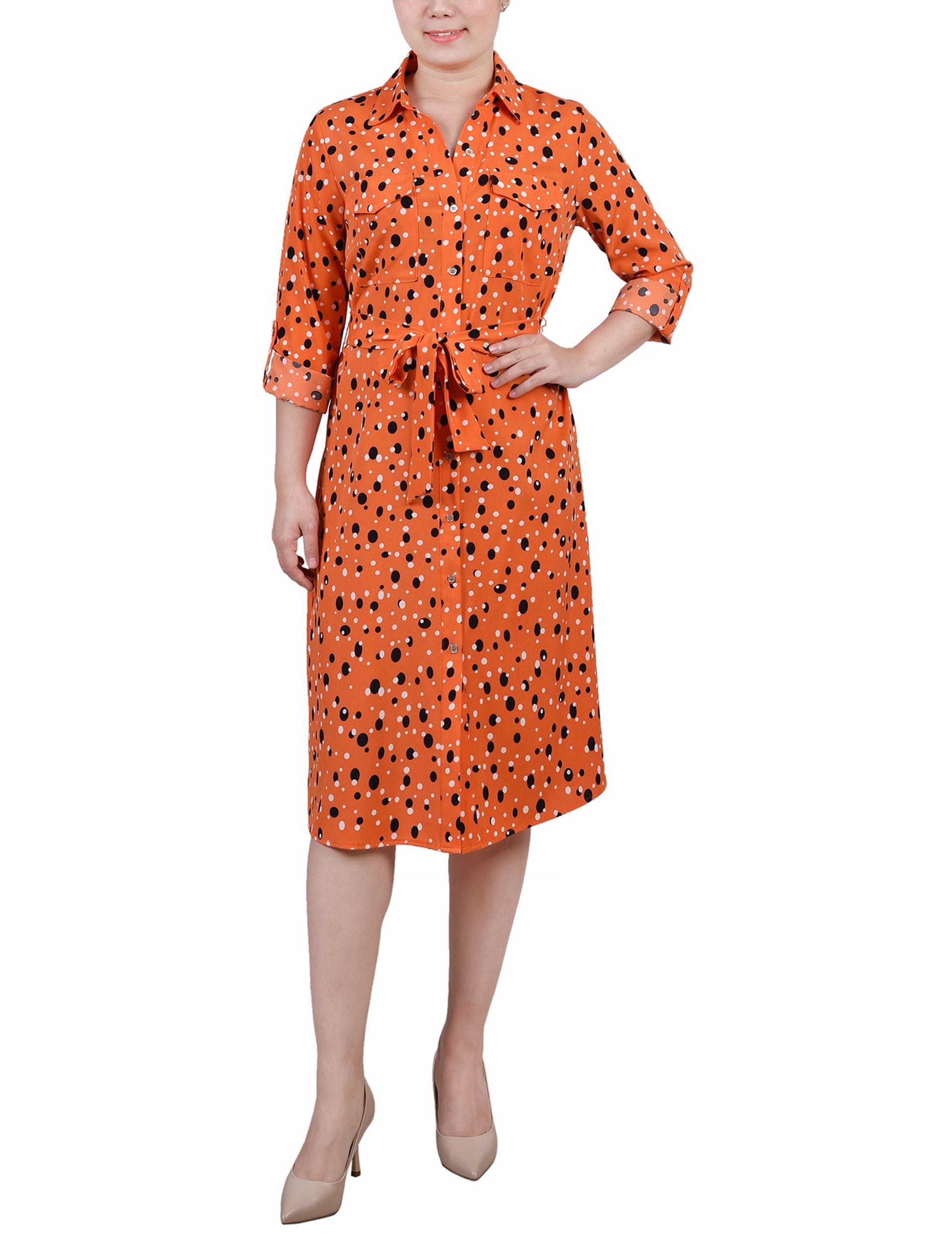 Cypress Inca Gold Navy Zigzag 3/4 Roll Tab Sleeve Belted Shirtdress - Petite Product Image