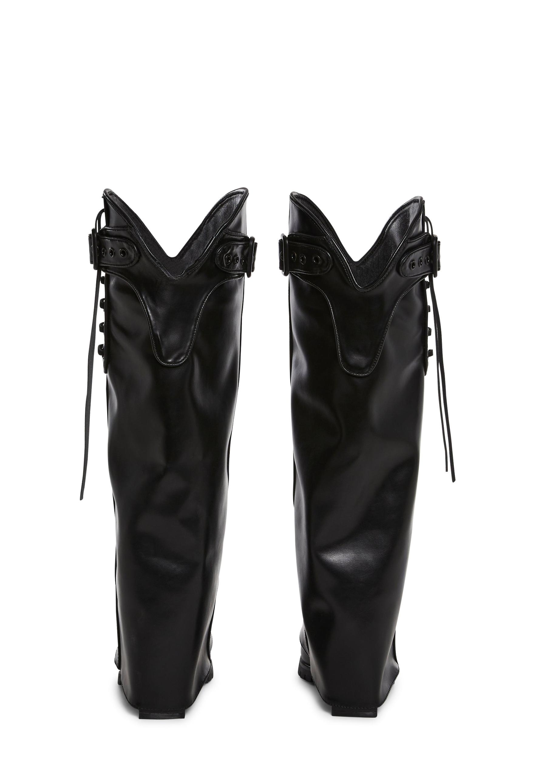 Shiny Vegan Leather Buckled Lace-Up Western Pant Boots - Black Product Image