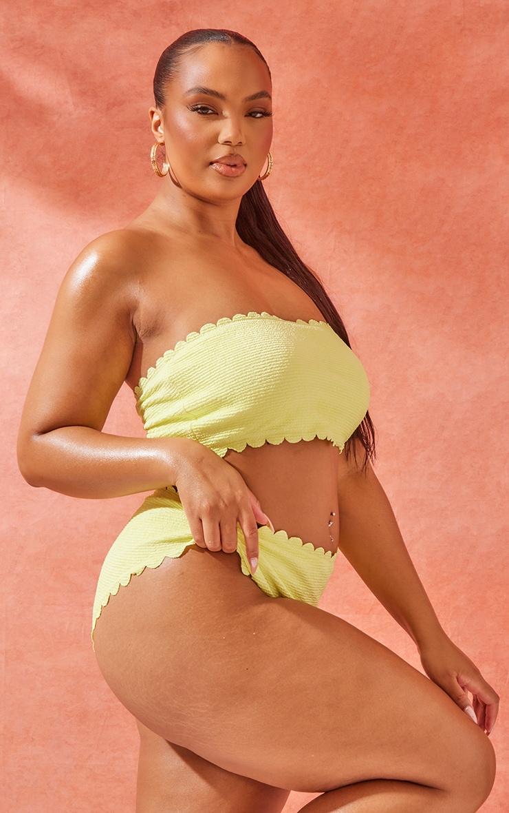 Plus Citrus Yellow Crinkle Scallop Edge High Leg Bikini Bottoms Product Image