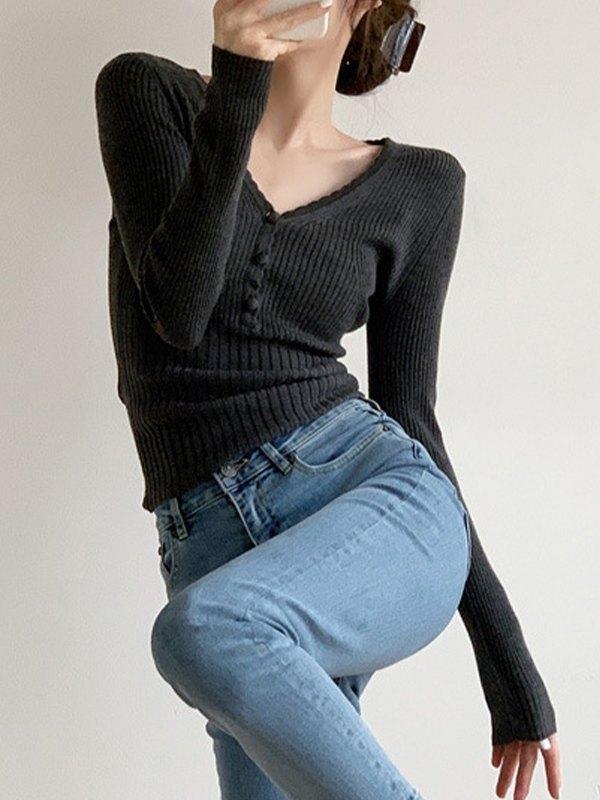 V Neck Button Up Ribbed Knit Top Product Image