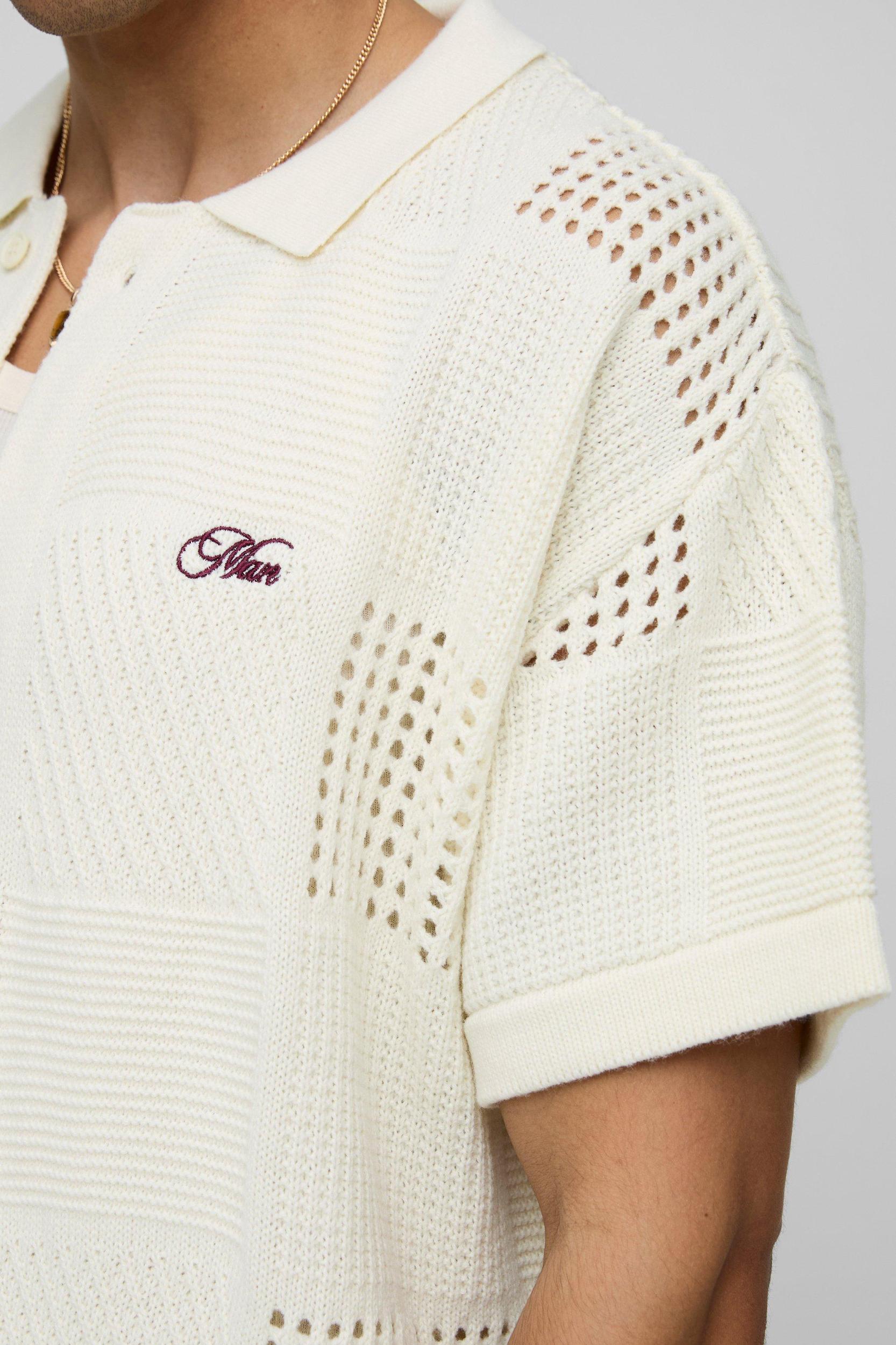 MAN Oversized Multi Patch Open Stitch Knitted Shirt | boohooMAN USA Product Image