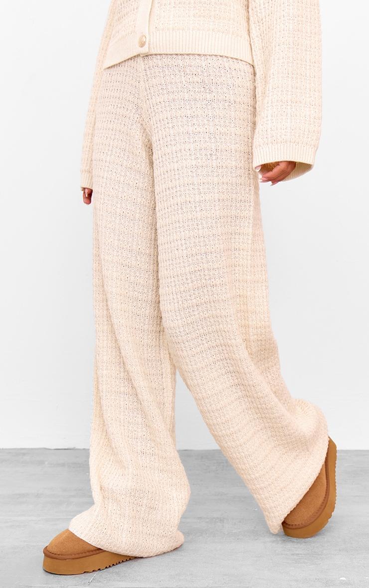 Cream Boucle Knit Wide Leg Pants Product Image