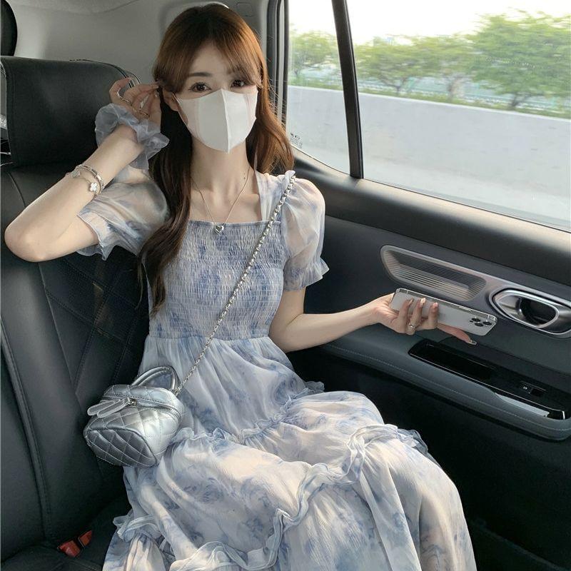 Short-Sleeve Square Neck Floral Print Tiered Shirred Maxi A-Line Dress Product Image