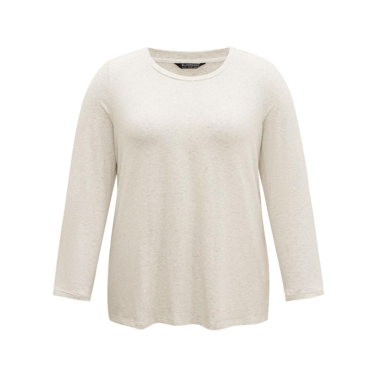 Plus Size Cotton Heather Long Sleeve T-shirt LightGray Women Casual Plain Plain Round Neck Dailywear T-shirts BloomChic 10/M Product Image