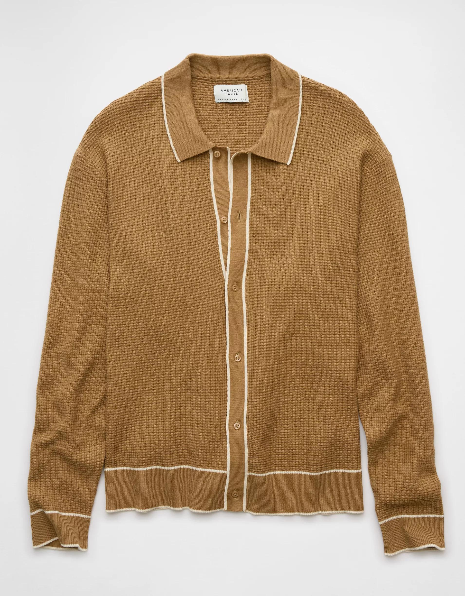 AE Long-Sleeve Tipped Waffle Sweater Polo Shirt Product Image