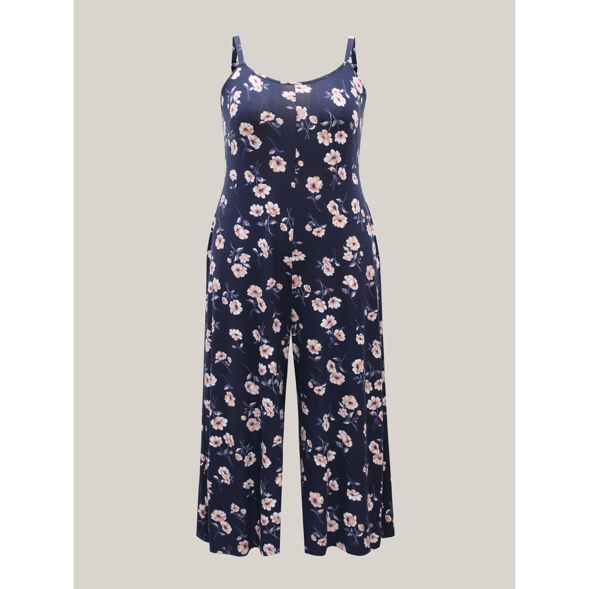 Plus Size DarkBlue Floral Print Adjustable Stretchy Pockets Jumpsuit Women Elegant Sleeveless Non Everyday-Elegant Loose Jumpsuits BloomChic 12/L Product Image