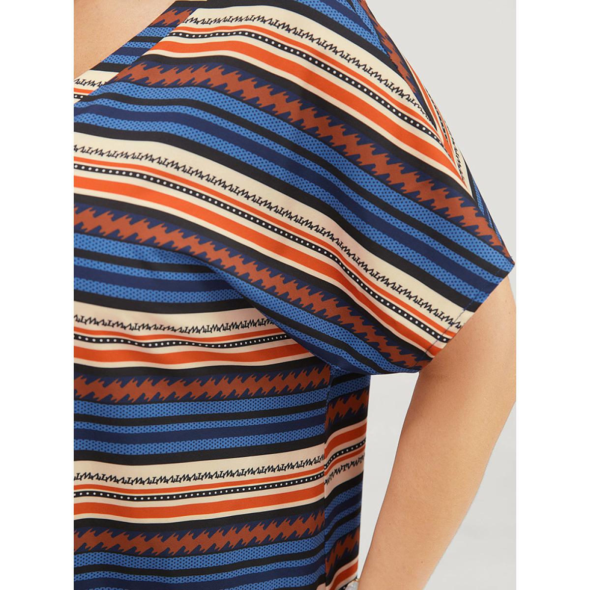 Plus Size Multicolor Striped Contrast Button Detail Batwing Sleeve Blouse Women Elegant Short sleeve V-neck Dailywear Blouses BloomChic 30/6X Product Image