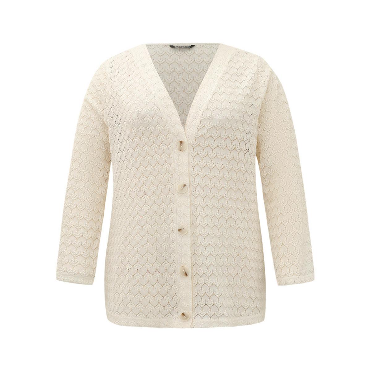 Plus Size Geometric Lace Hollow Out Button Through Jacket Women Beige Casual Plain Ladies Dailywear Winter Coats BloomChic 12/L Product Image