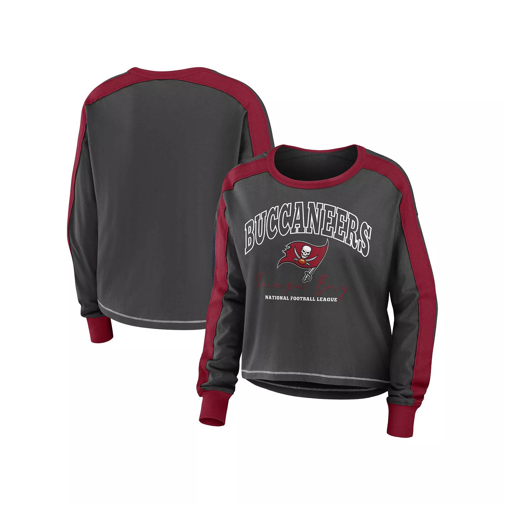 Women's WEAR by Erin Andrews Pewter/Red Tampa Bay Buccaneers Color Block Modest Crop Long Sleeve T-Shirt,  Product Image