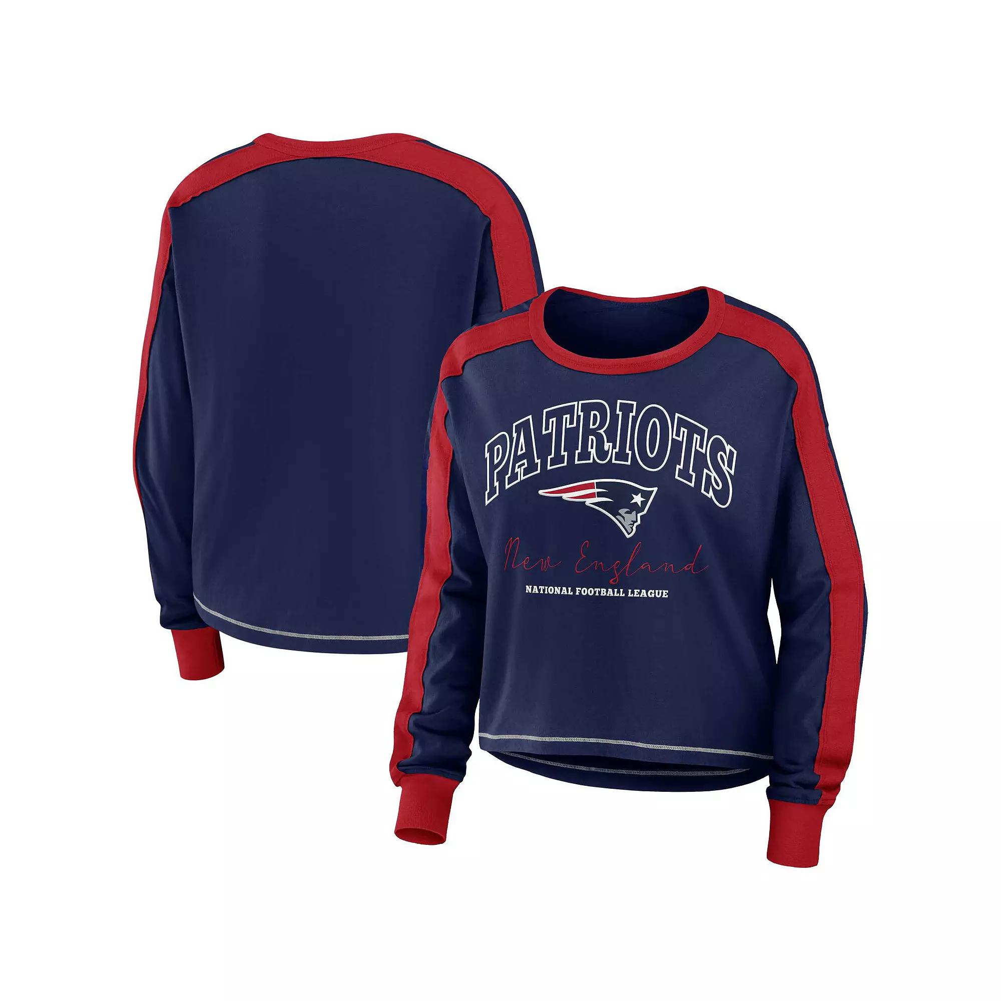 Women's WEAR by Erin Andrews Navy/Red New England Patriots Color Block Modest Crop Long Sleeve T-Shirt,  Product Image