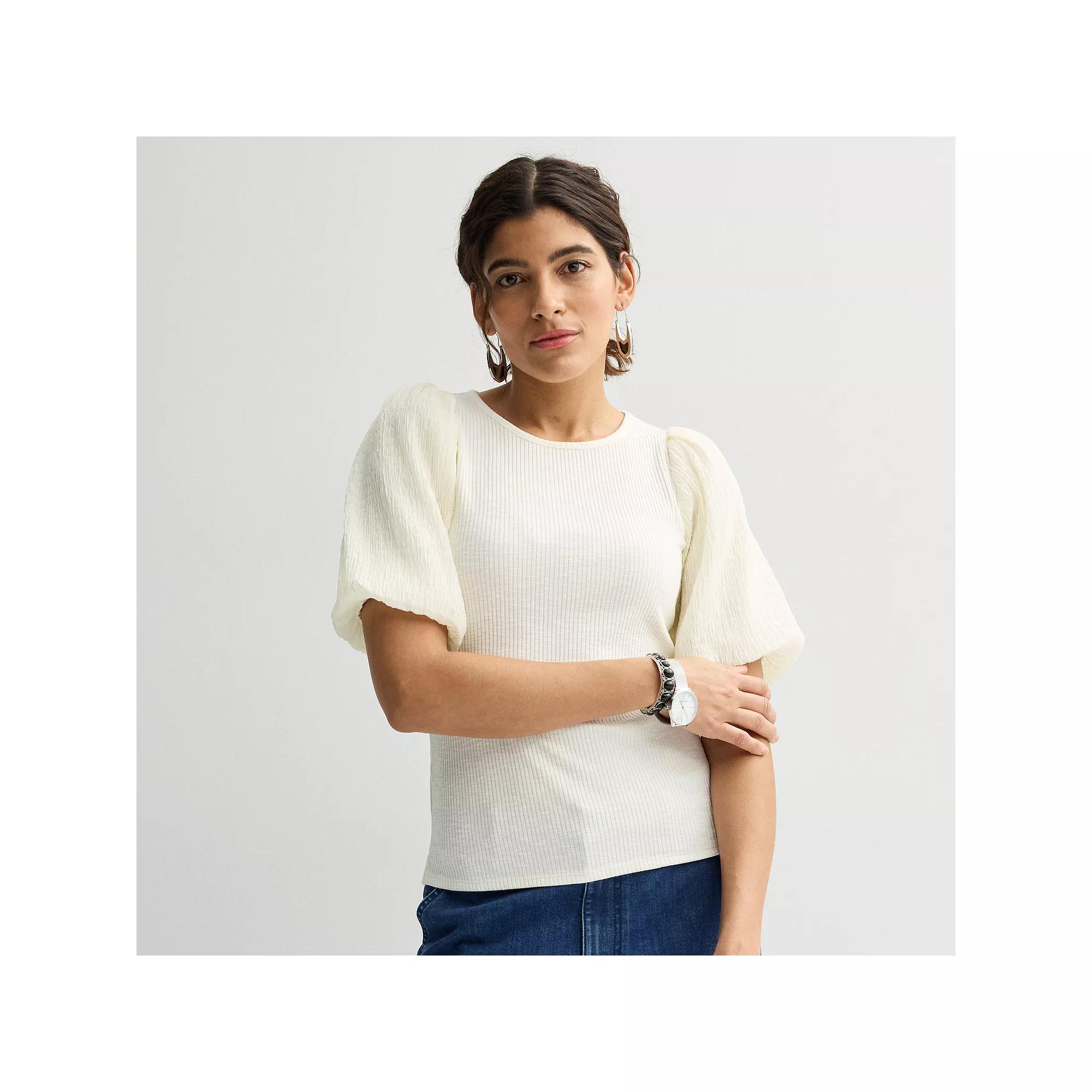 Women's Nine West Ribbed Top with Textured Sleeves, Size: Large, Daisy Dew Product Image