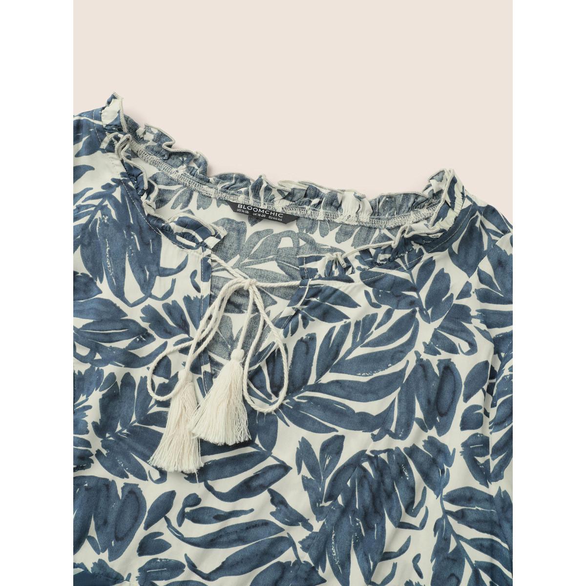 Plus Size Apricot Plants Tassel Trim Tie Neck Rayon Blouse Women Resort Long Sleeve Notched collar Vacation Blouses BloomChic 28/5X Product Image