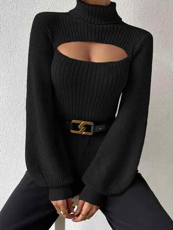 Solid Cutout High Neck Sweater Product Image