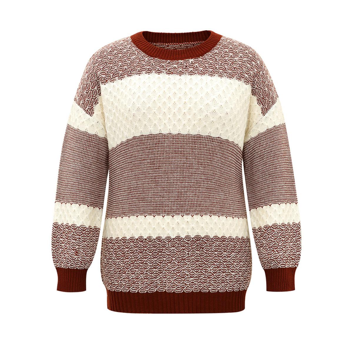 Plus Size Colorblock Contrast Round Neck Elastic Cuffs Pullover Rust Women Casual Loose Long Sleeve Round Neck Dailywear Pullovers BloomChic 14-16/1X Product Image