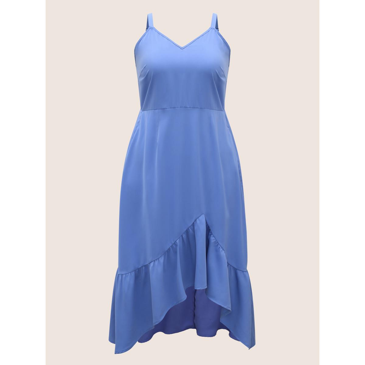Plus Size Solid Patchwork Ruffle Hem Midi Dress Skyblue Women Elegant Ruffles V-neck Sleeveless Curvy BloomChic 14-16/1X Product Image