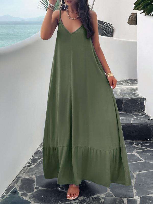 Loose Sleeveless Pleated Solid Color Split-Joint Spaghetti-Neck Maxi Dresses Product Image