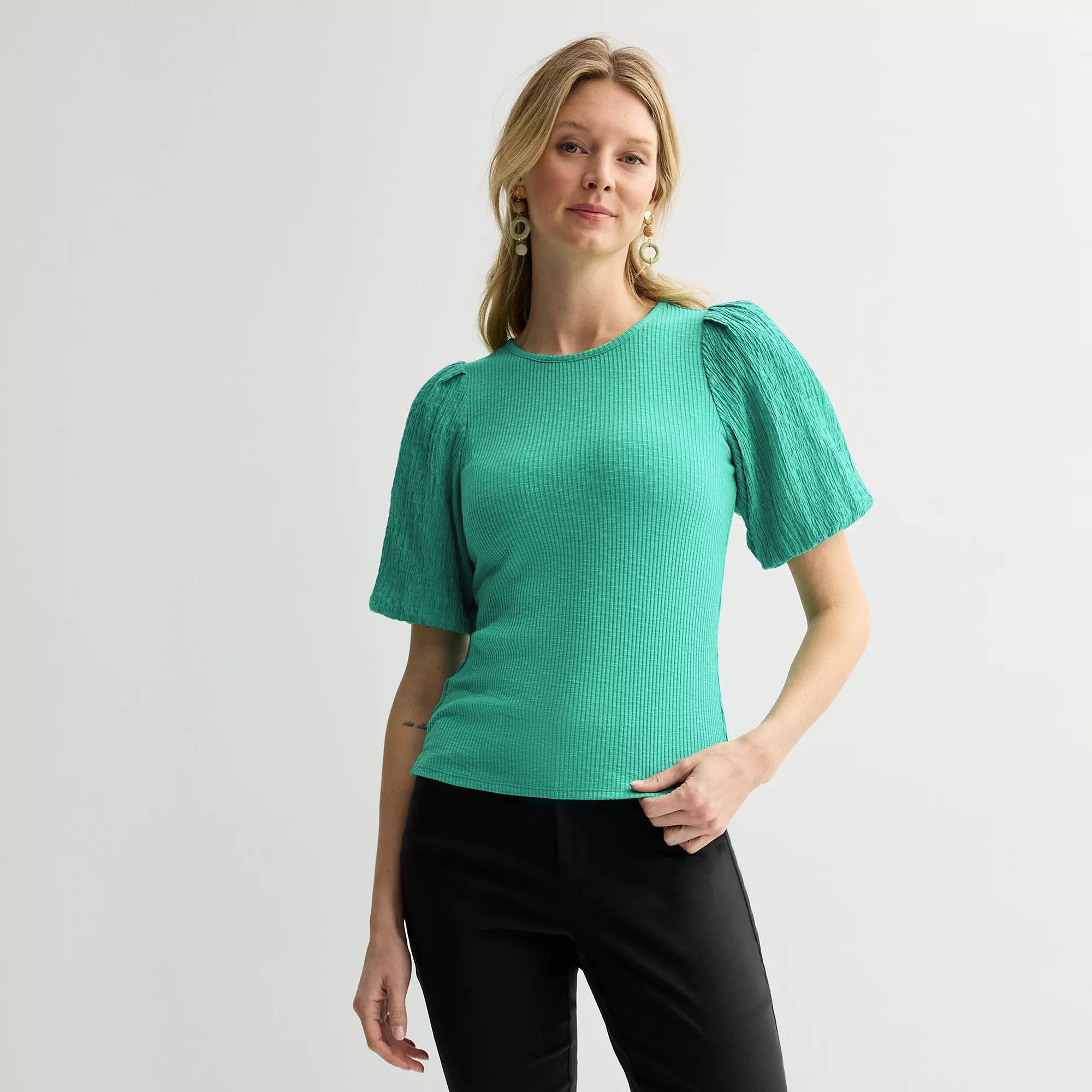 Petite Nine West Textured Elbow Sleeve Rib Knit Top, Women's, Size: Small Petite, Green Opal Product Image