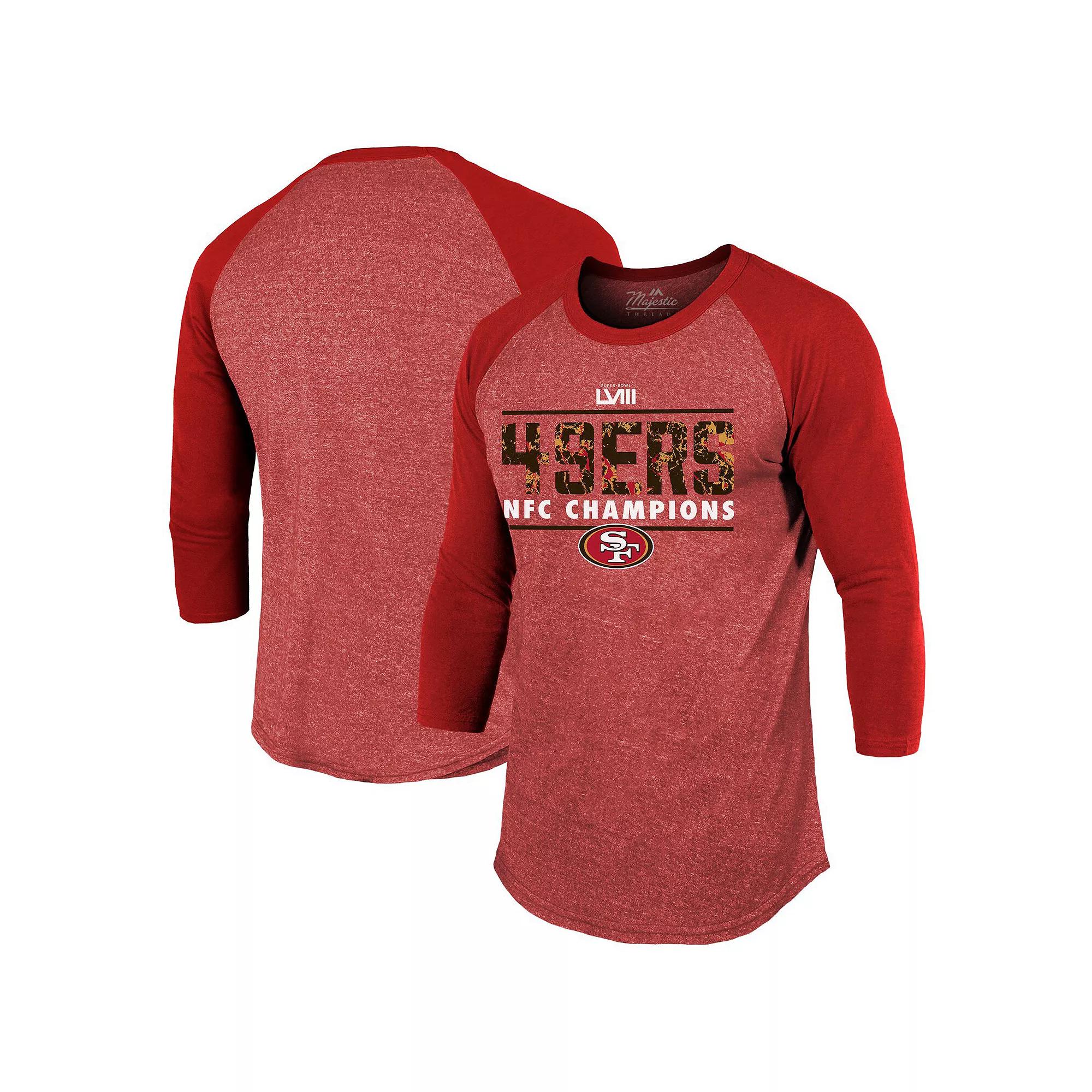 Men's Majestic Threads Scarlet San Francisco 49ers 2023 NFC Champions Tri-Blend Raglan 3/4-Sleeve T-Shirt, Size: 2XL, Red Product Image