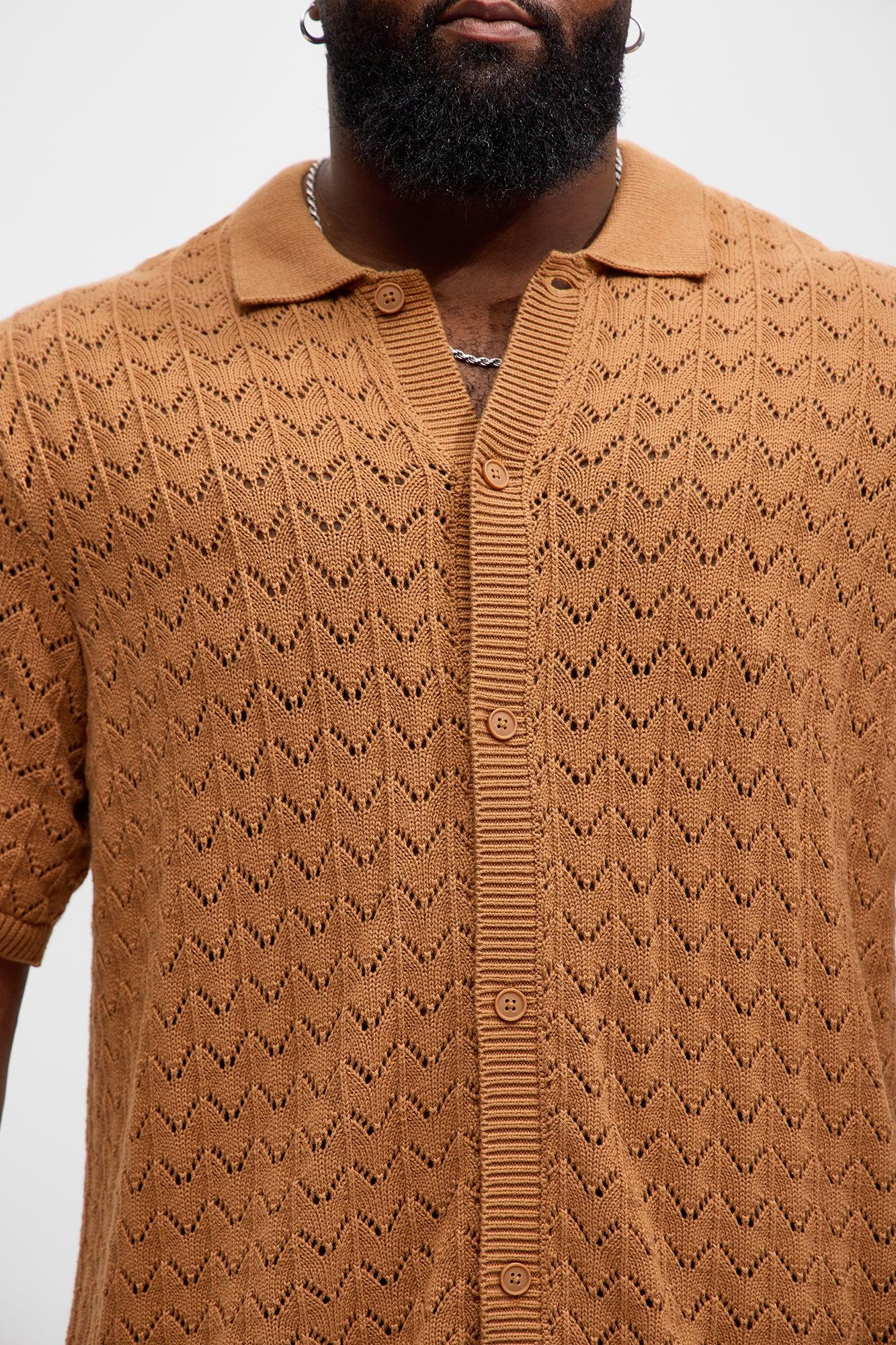 Waterfall Texture Open Knit Shirt - Brown Product Image