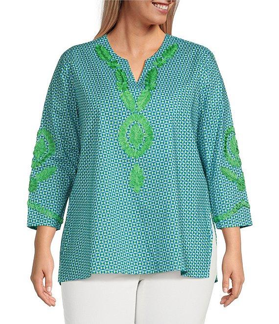 Calessa Plus Size Embroidered Retro Printed Split V-Neck 3/4 Sleeve Tunic Product Image