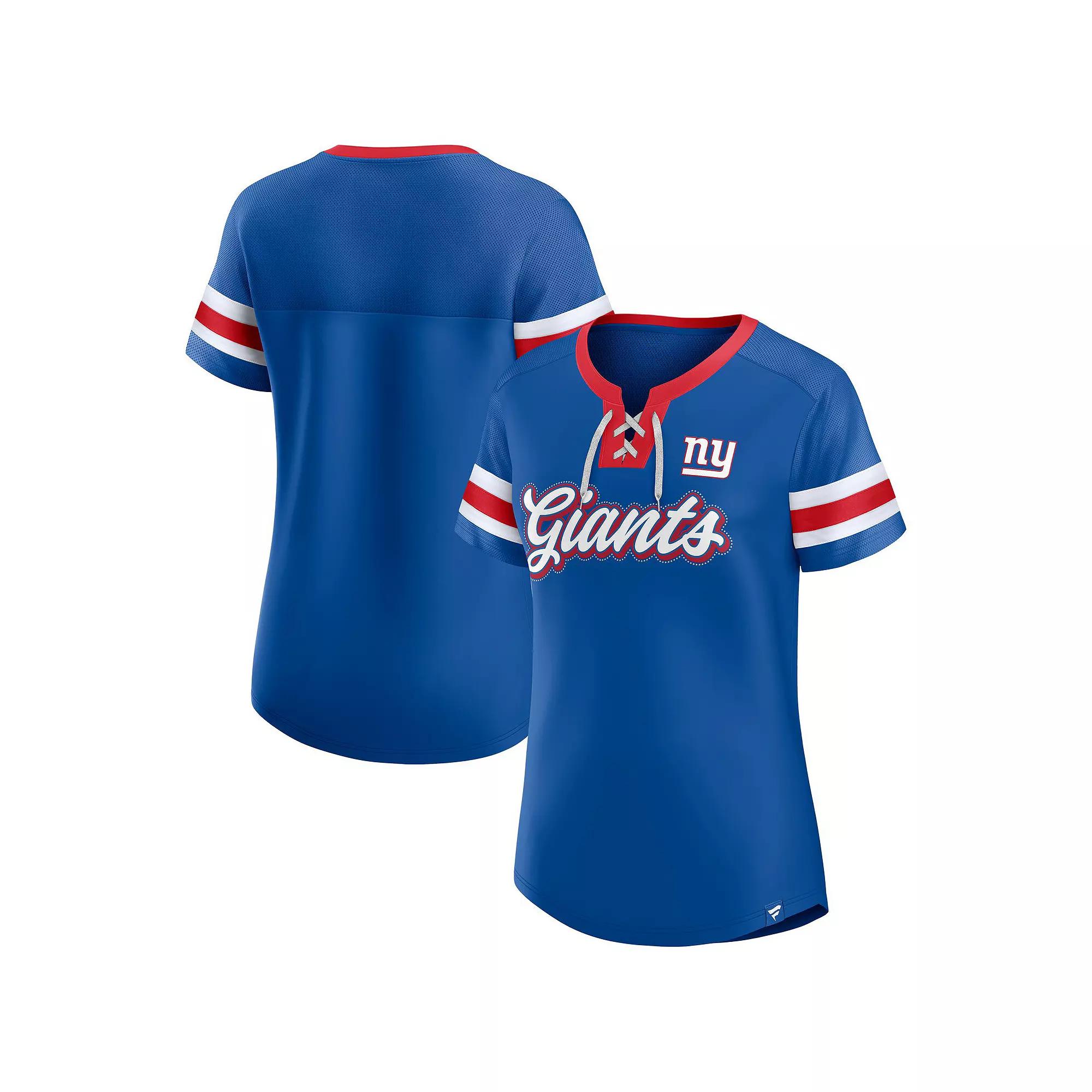 Women's Fanatics Royal New York Giants True Catch Iconic Rhinestone Bling Athena Lace-Up T-Shirt,  Product Image