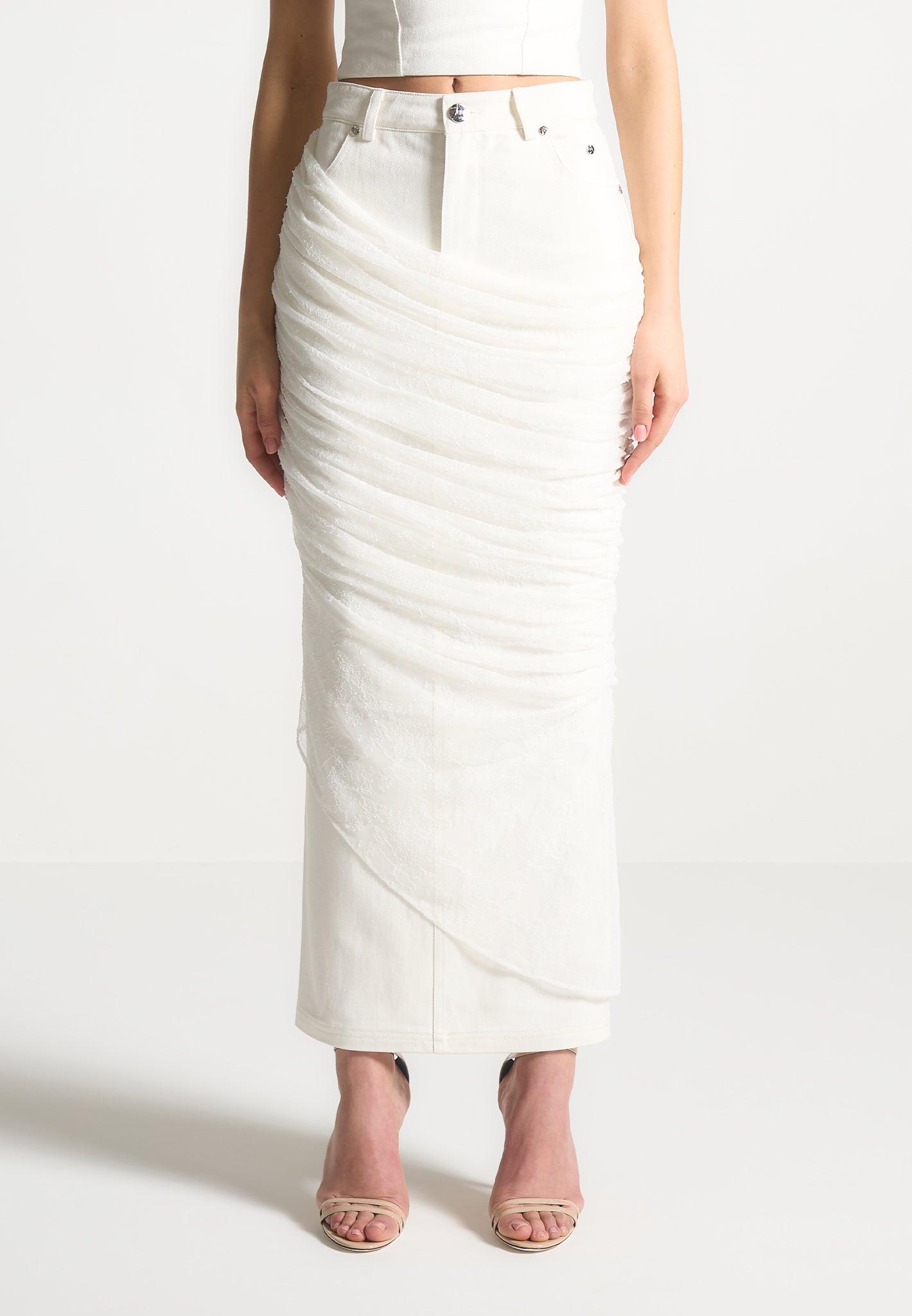 Draped Mesh Denim Maxi Skirt - Off White Female Product Image