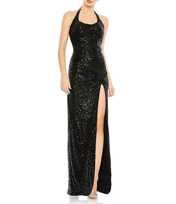Mac Duggal Sleeveless Halter Square Neck Side Knot Thigh High Slit Sequin Sheath Gown Product Image