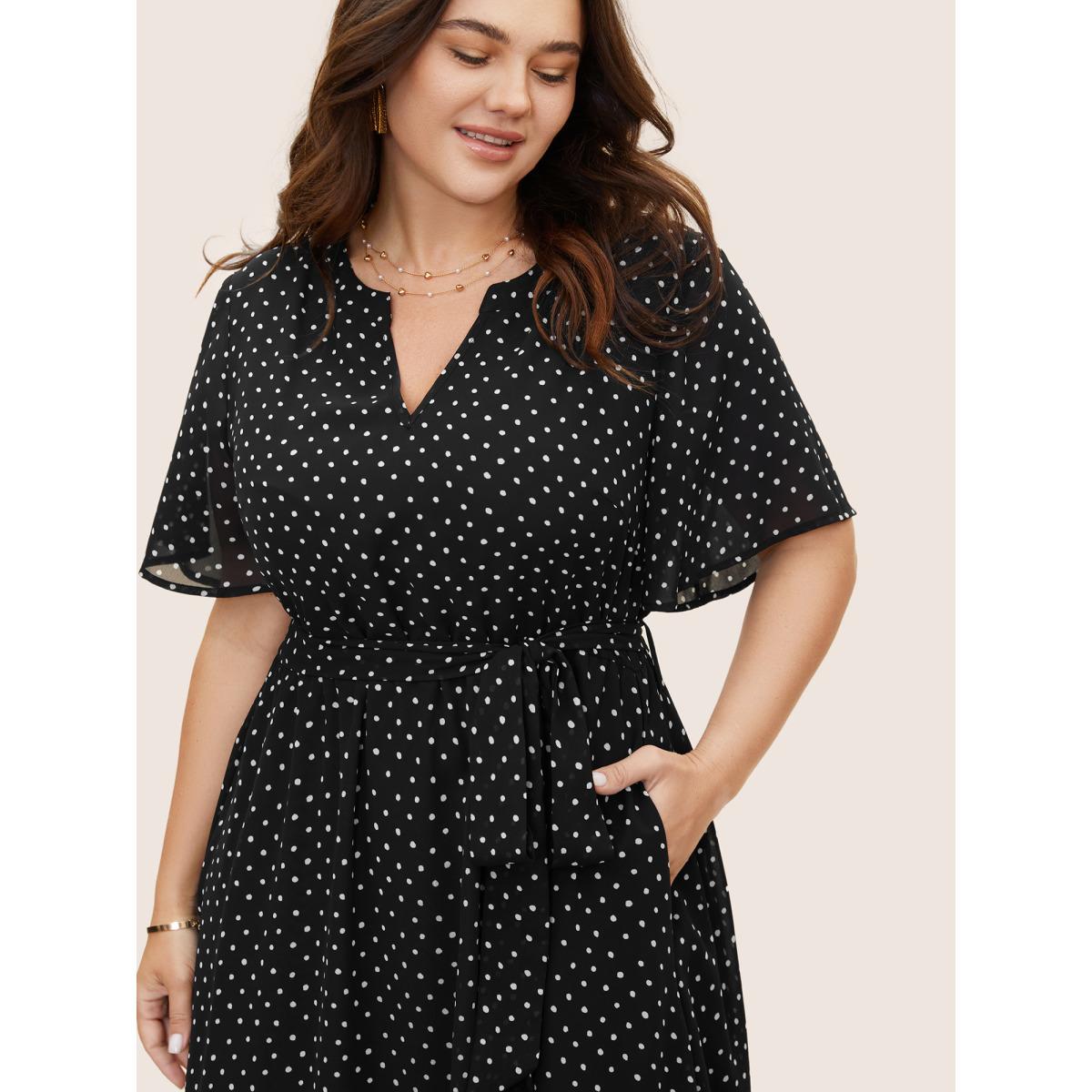 Plus Size Chiffon Polka Dot Ruffle Sleeve Dress Black Women Elegant See through Flat collar Short sleeve Curvy BloomChic 30/6X Product Image