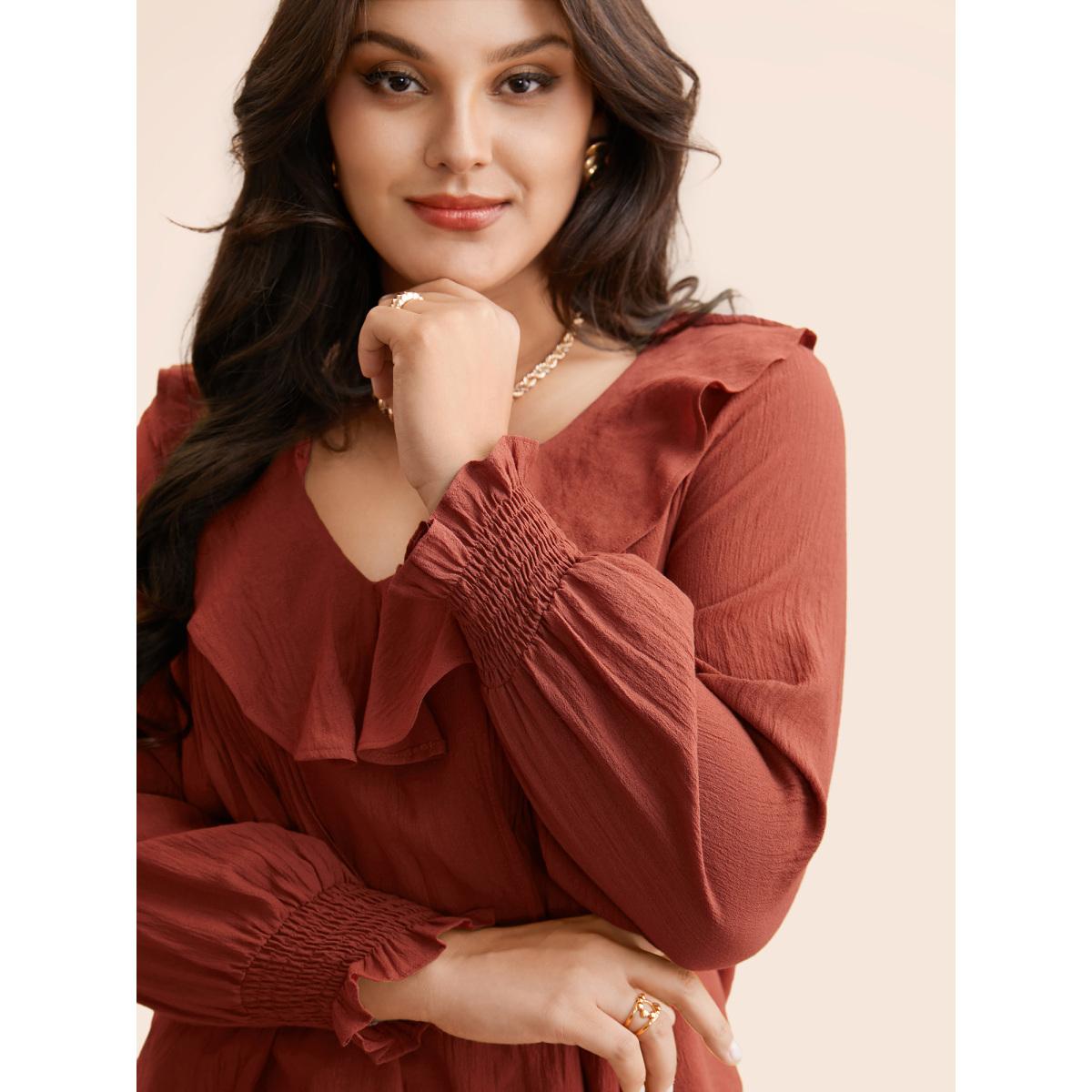 Plus Size Russet Solid Texture Pleated Ruffle Trim Blouse Women Elegant Long Sleeve Deep V-neck Everyday Blouses BloomChic 18-20/2X Product Image
