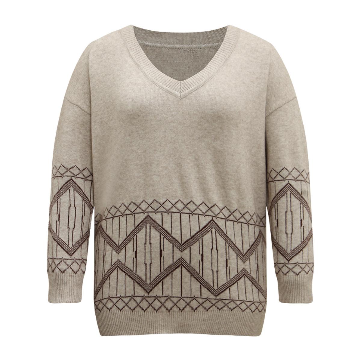 Plus Size Supersoft Essentials Geometric Graphic V Neck Pullover LightBrown Women Casual Loose Long Sleeve V-neck Dailywear Pullovers BloomChic 14-16/1X Product Image