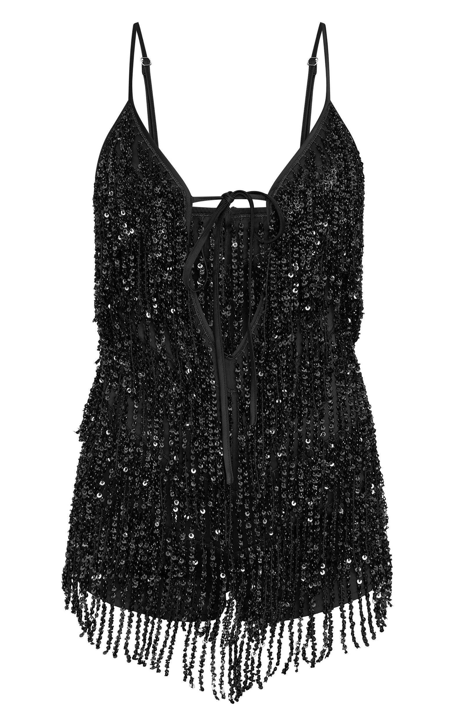 Black Premium Full Embellished Plunge Strappy Romper Product Image