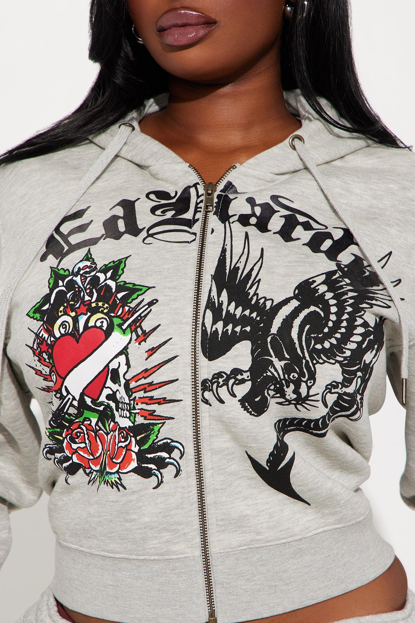Heart Of Roses Ed Hardy Zip Front Hoodie - Heather Grey Product Image